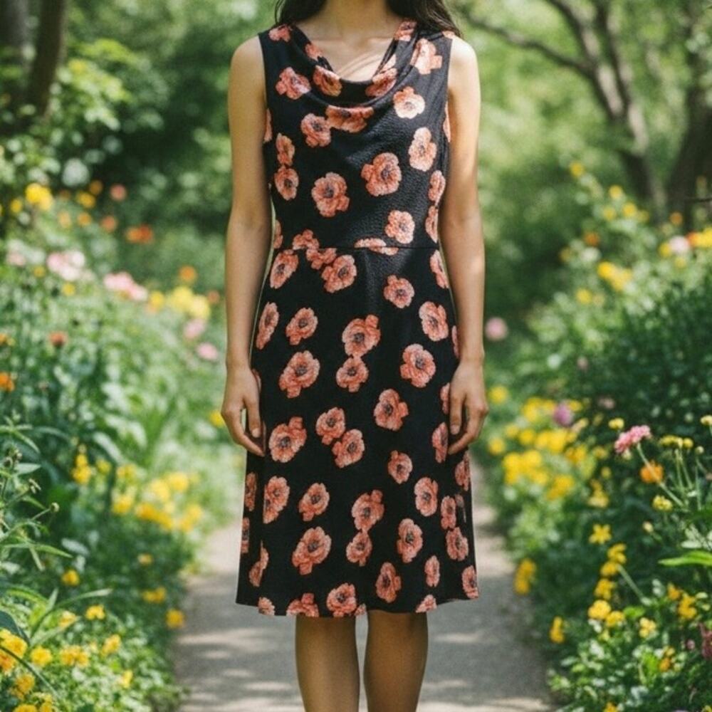 Talbots Floral Cowlneck Dress Sleeveless Womens 14 Black Red